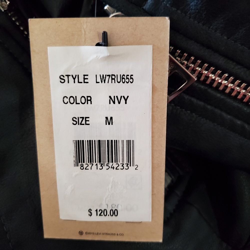 New Levi's $120 MSRP Faux Leather Navy Blue Sherpa Collar Moto Jacket - Picture 8 of 9